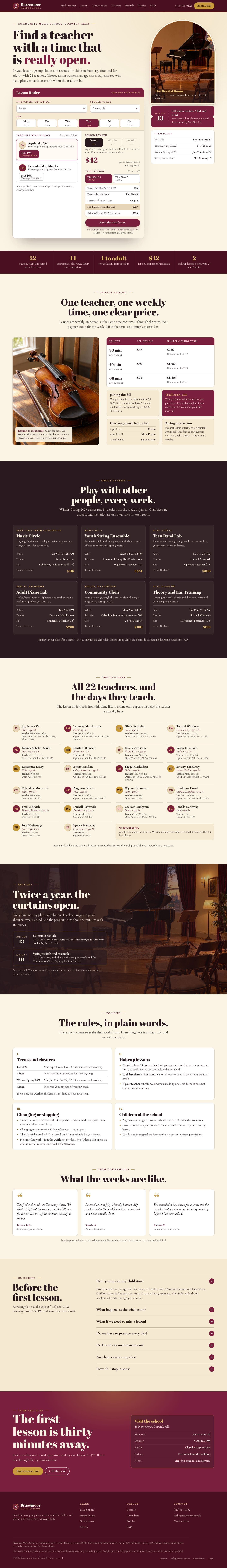 Brassmoor Music School concept homepage, desktop