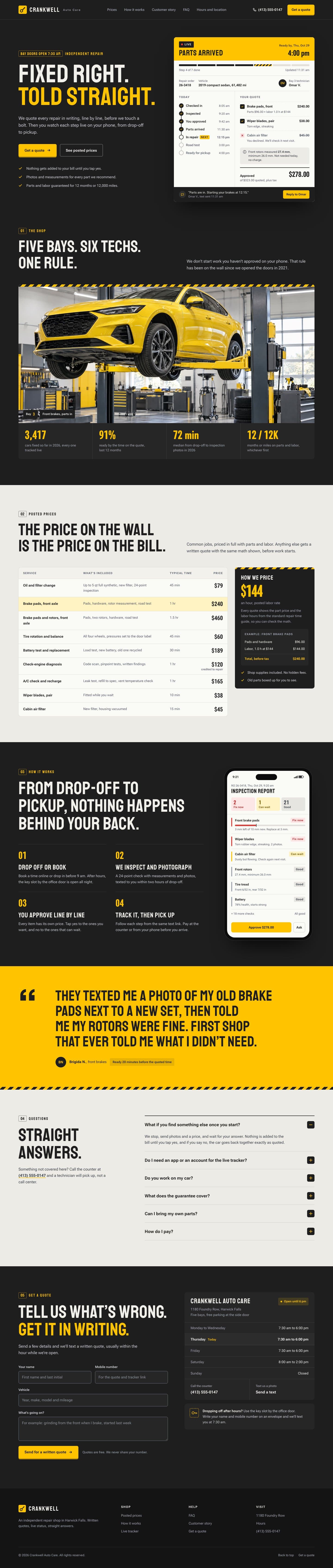 Crankwell Auto Care concept homepage, desktop