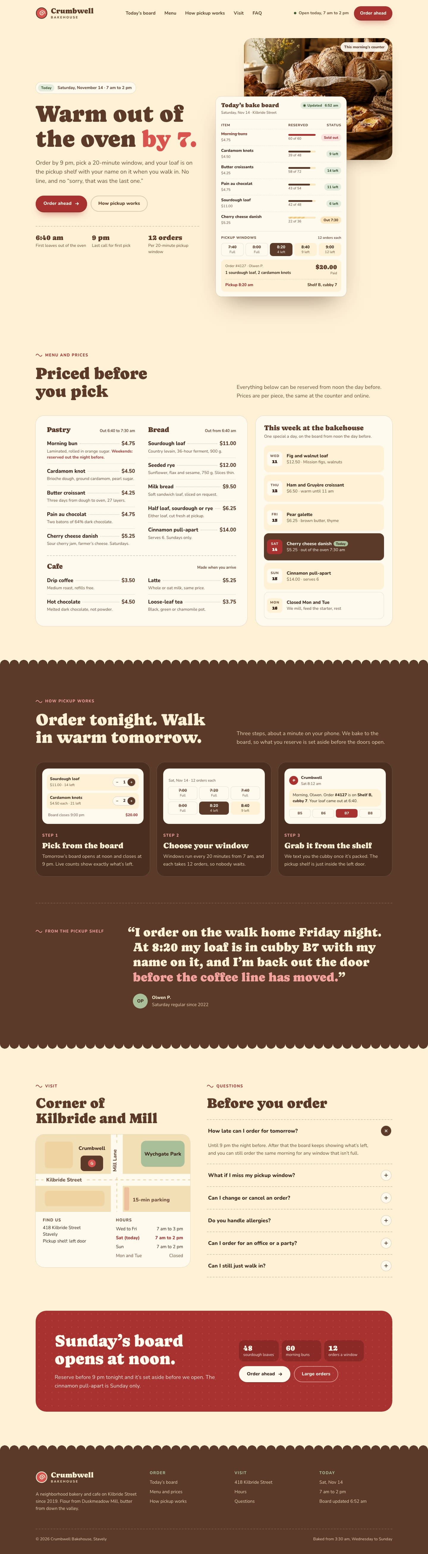 Crumbwell Bakehouse concept homepage, desktop