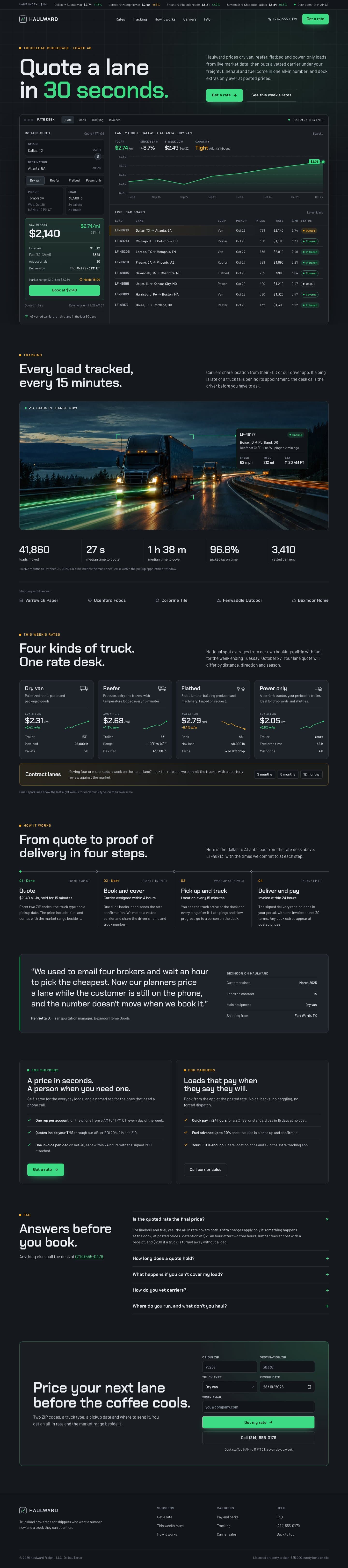 Haulward Freight concept homepage, desktop