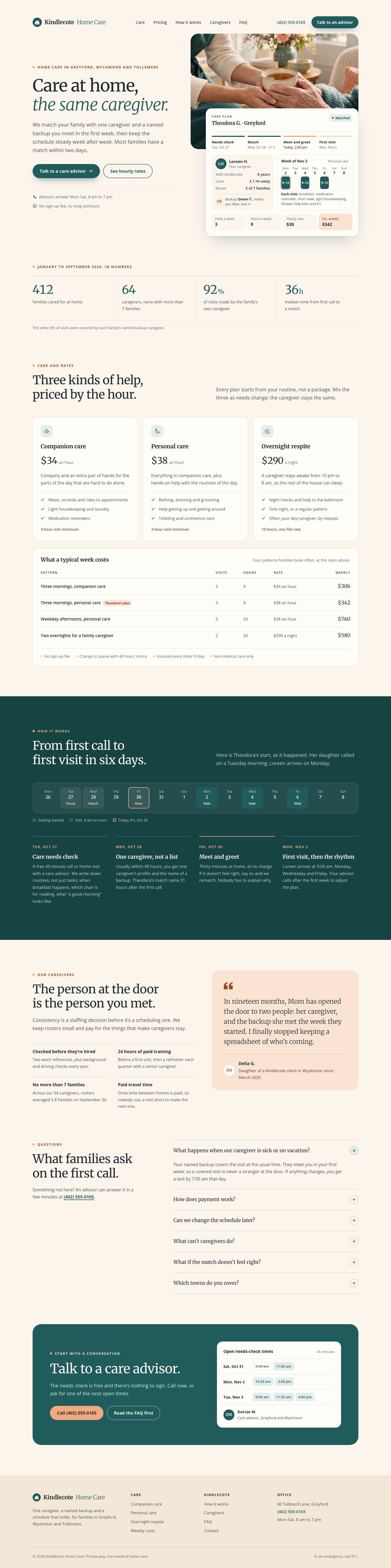 Kindlecote Home Care concept homepage, desktop