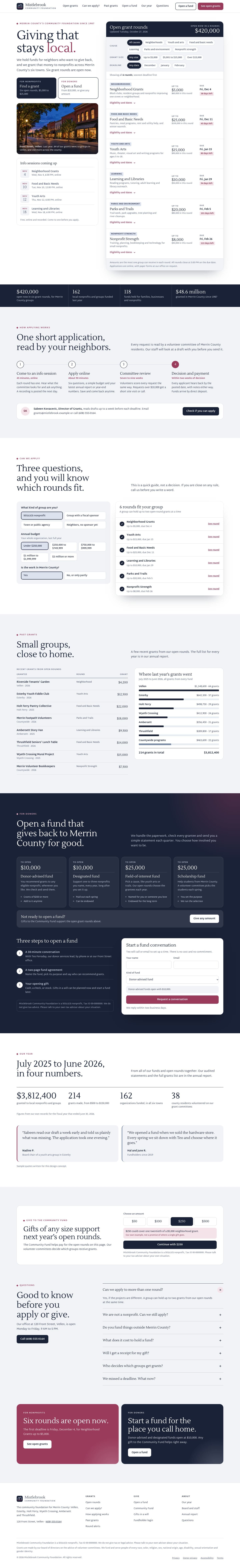 Mistlebrook Community Foundation concept homepage, desktop