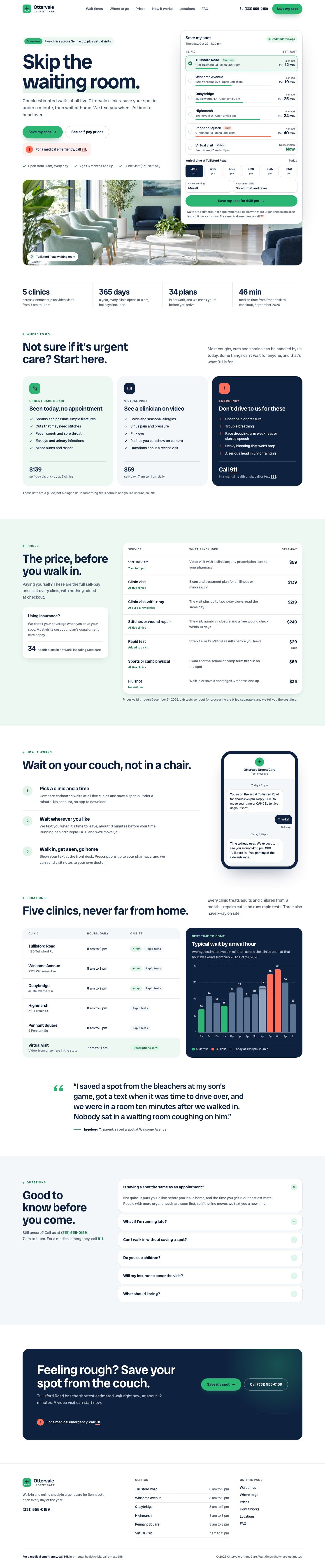 Ottervale Urgent Care concept homepage, desktop