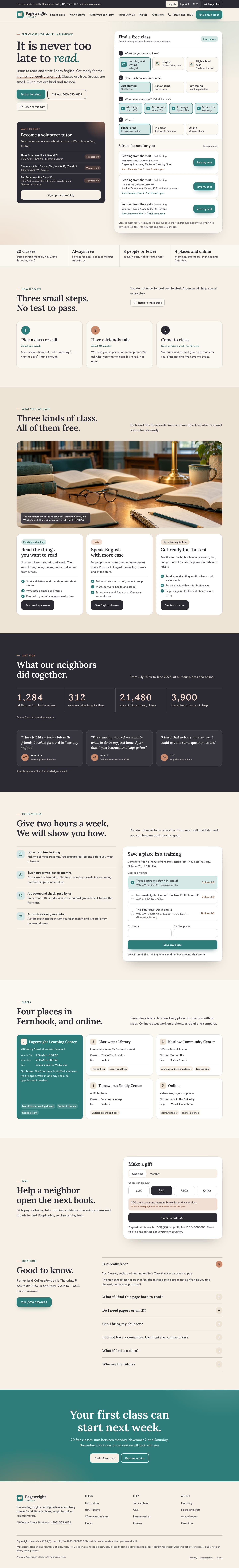 Pagewright Literacy concept homepage, desktop