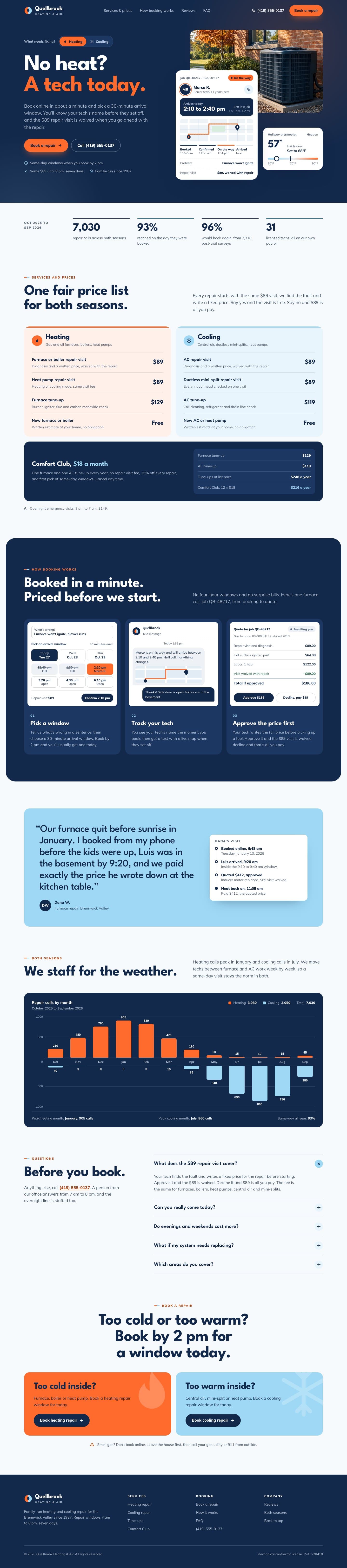 Quellbrook Heating & Air concept homepage, desktop
