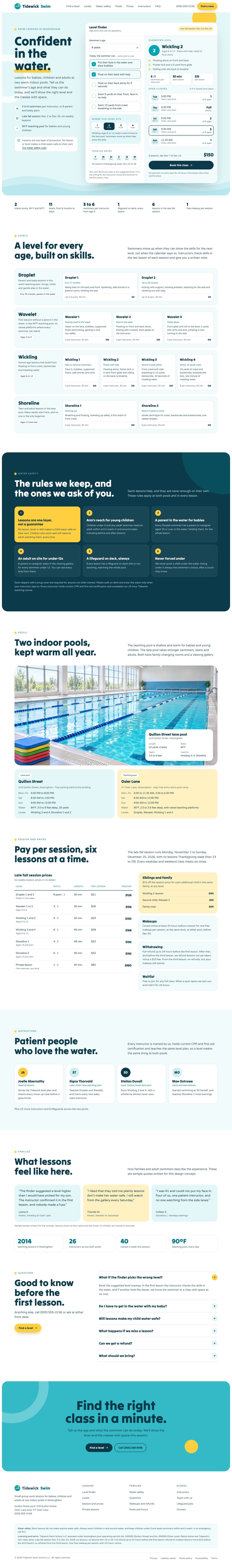 Tidewick Swim School concept homepage, desktop