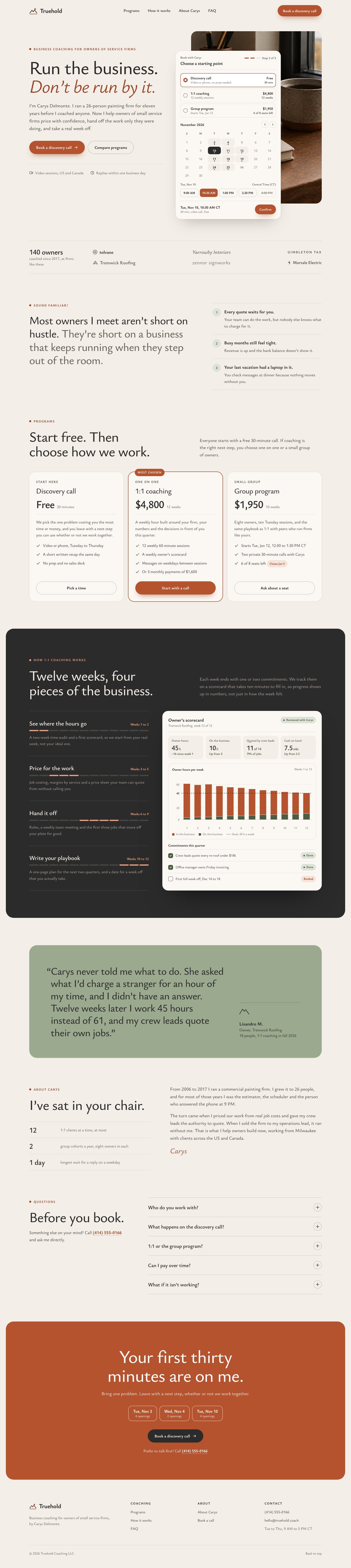 Truehold Coaching concept homepage, desktop