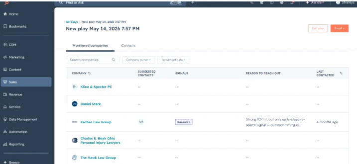 HubSpot Breeze Studio prospecting agent monitoring ICP-fit law firms