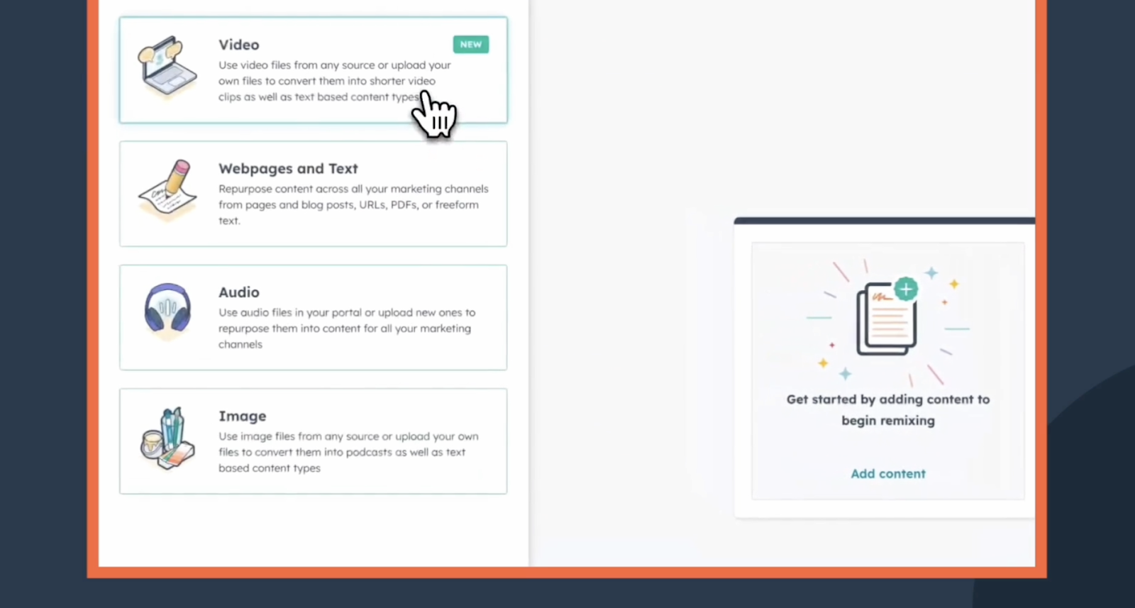 In the left panel, choose the type of content you want to remix (e.g., video, audio, webpages, text, or images)