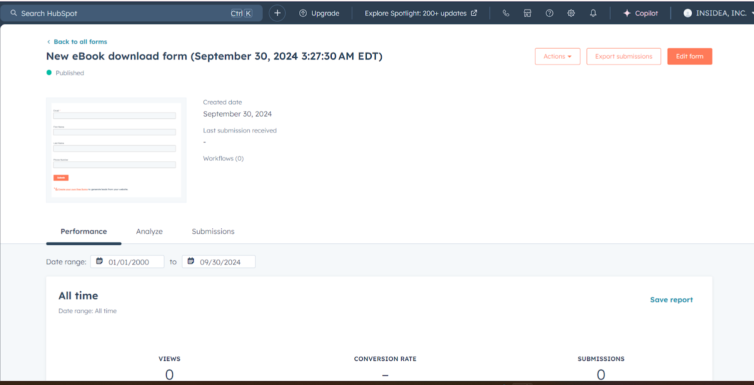 In the right panel, you'll see the name or email address of the contact, the date they submitted the form, and any additional fields included in their submission