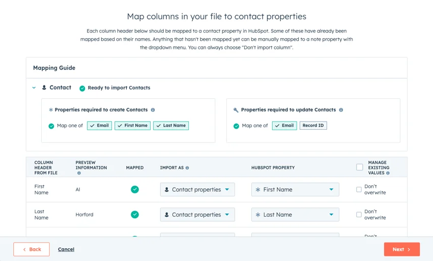 Mapping Excel Columns to HubSpot Properties