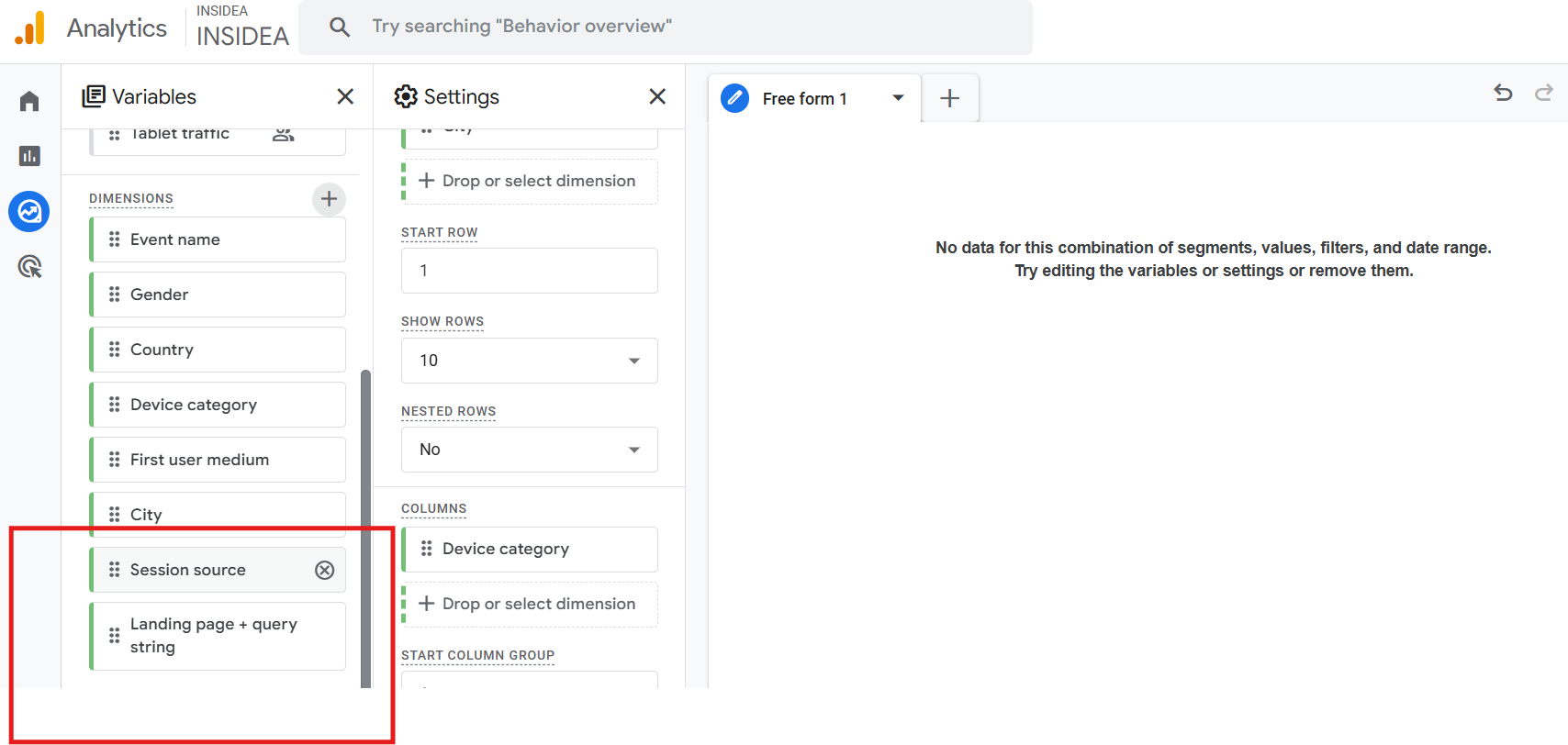 Under Dimensions, add_ Session source, Landing page + query string