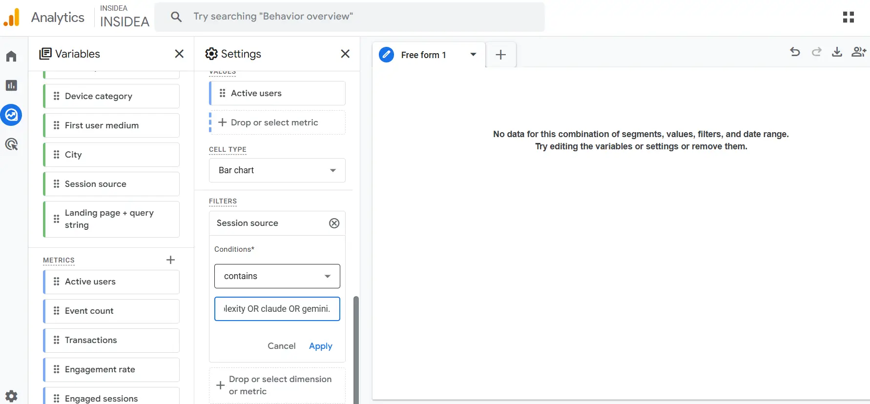 Under Filters, set_ Session source → contains → chatgpt OR perplexity OR claude OR gemini.